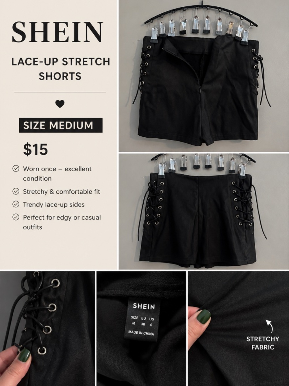SHEIN Black Lace-Up Stretch Shorts | Size Medium